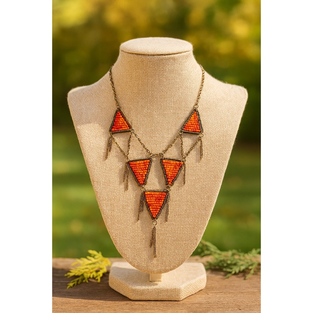🔥 Tribal‎ Boho Beaded Necklace 19" – Orange Red Geometric Statement Jewelry
